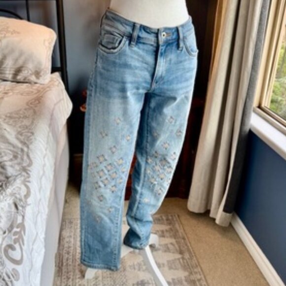 Pilcro Anthropologie Slim Boyfriend Light Wash Gold Embroidered Jeans - Picture 3 of 16